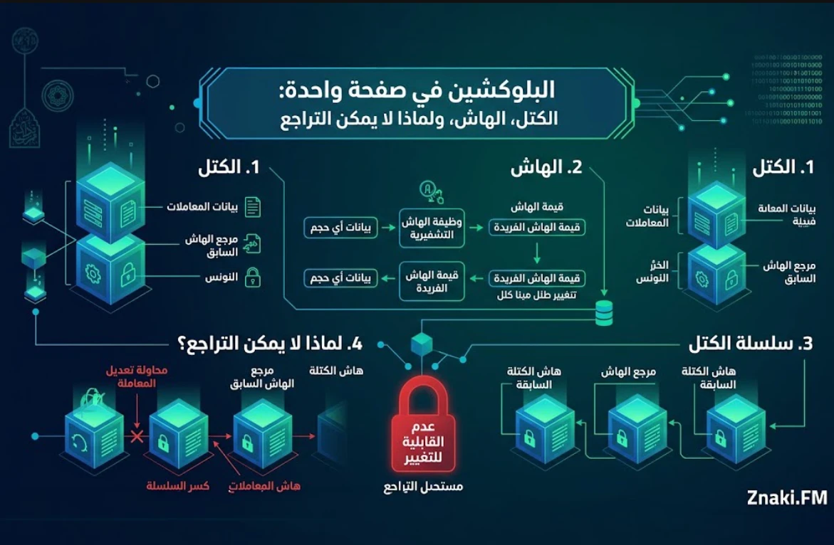 البلوك تشين في صفحة واحدة: الكتل والهاش ولماذا يستحيل التراجع